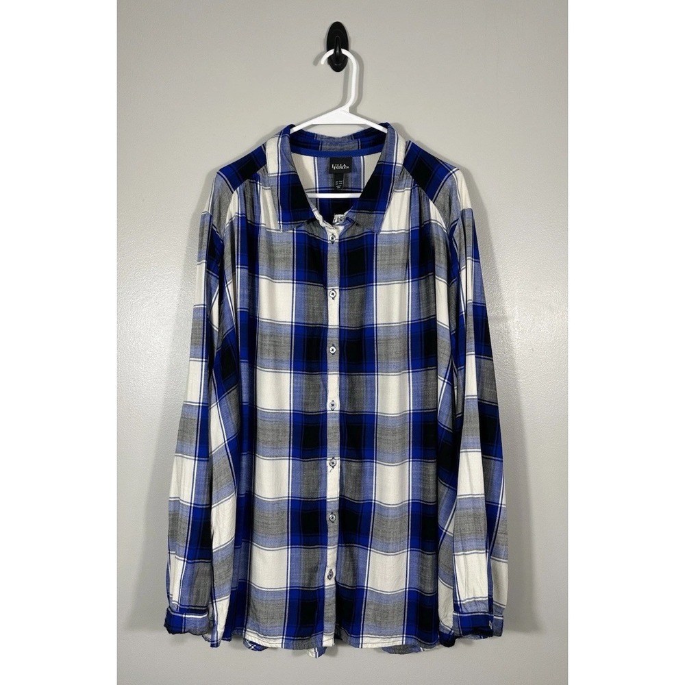 Ulla Popken Shirt Women 28/30 Blue Plaid Tunic Rayon Lightweight Button Front